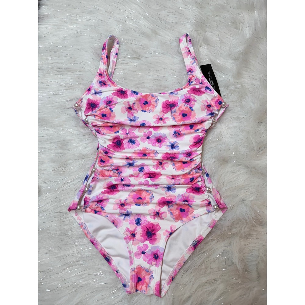 Carmen Marc Valvo Swimsuit Women 6 New Floral Pearl Cut-Out One Piece $154